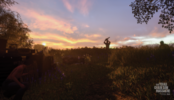 Leatherface's shadow is against a sunset as the Hitchhiker looks on and two victims hide in the shadows.